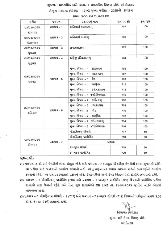 Gujarat Secondary And  Higher Secondary Education Board (GSHEB) 12th Sanskrit Madhyama Board Exam Timetable 2025