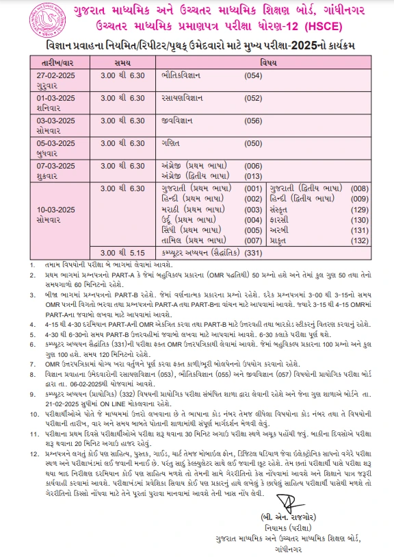 Gujarat Secondary And  Higher Secondary Education Board (GSHEB) 12th Science Board Exam Timetable 2025