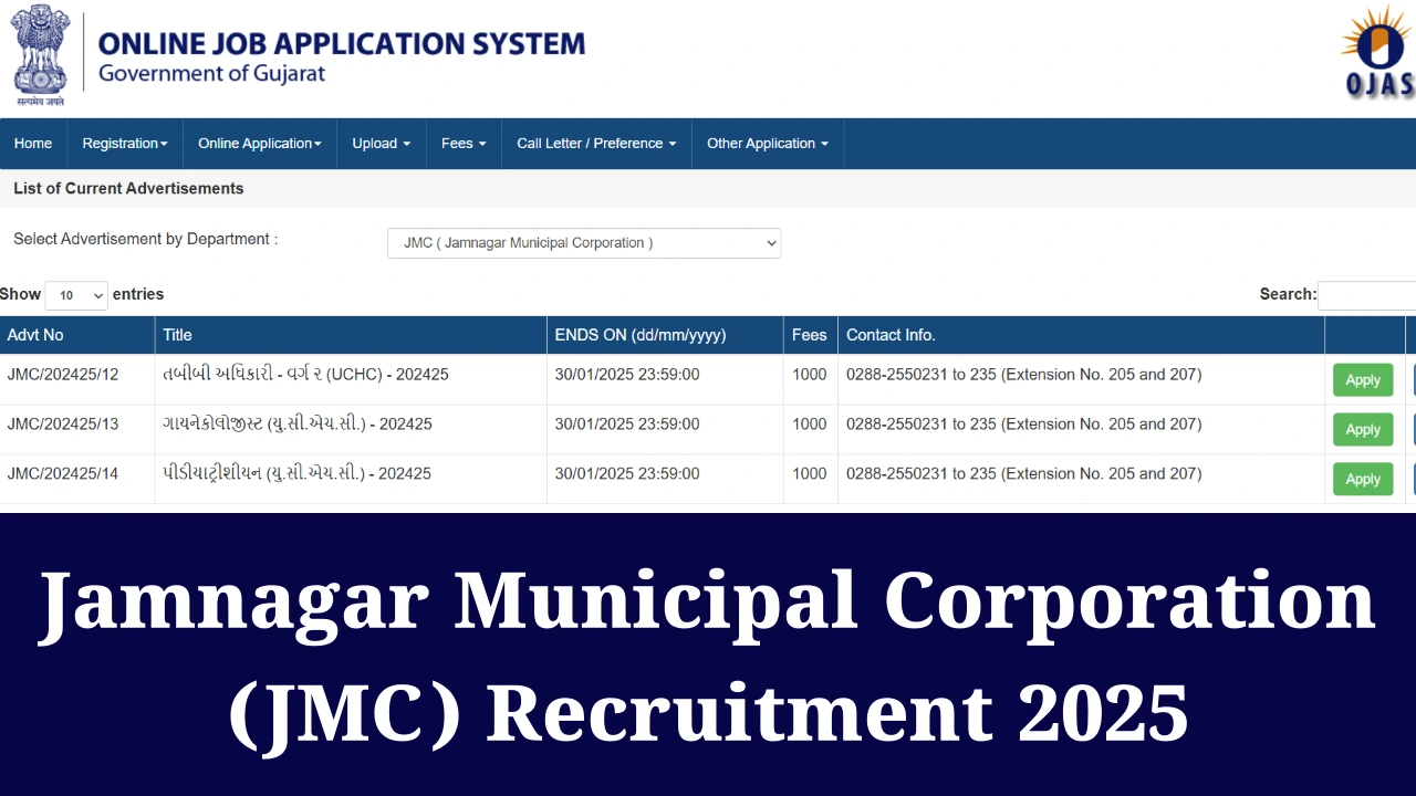 Jamnagar Municipal Corporation (JMC) Recruitment 2025