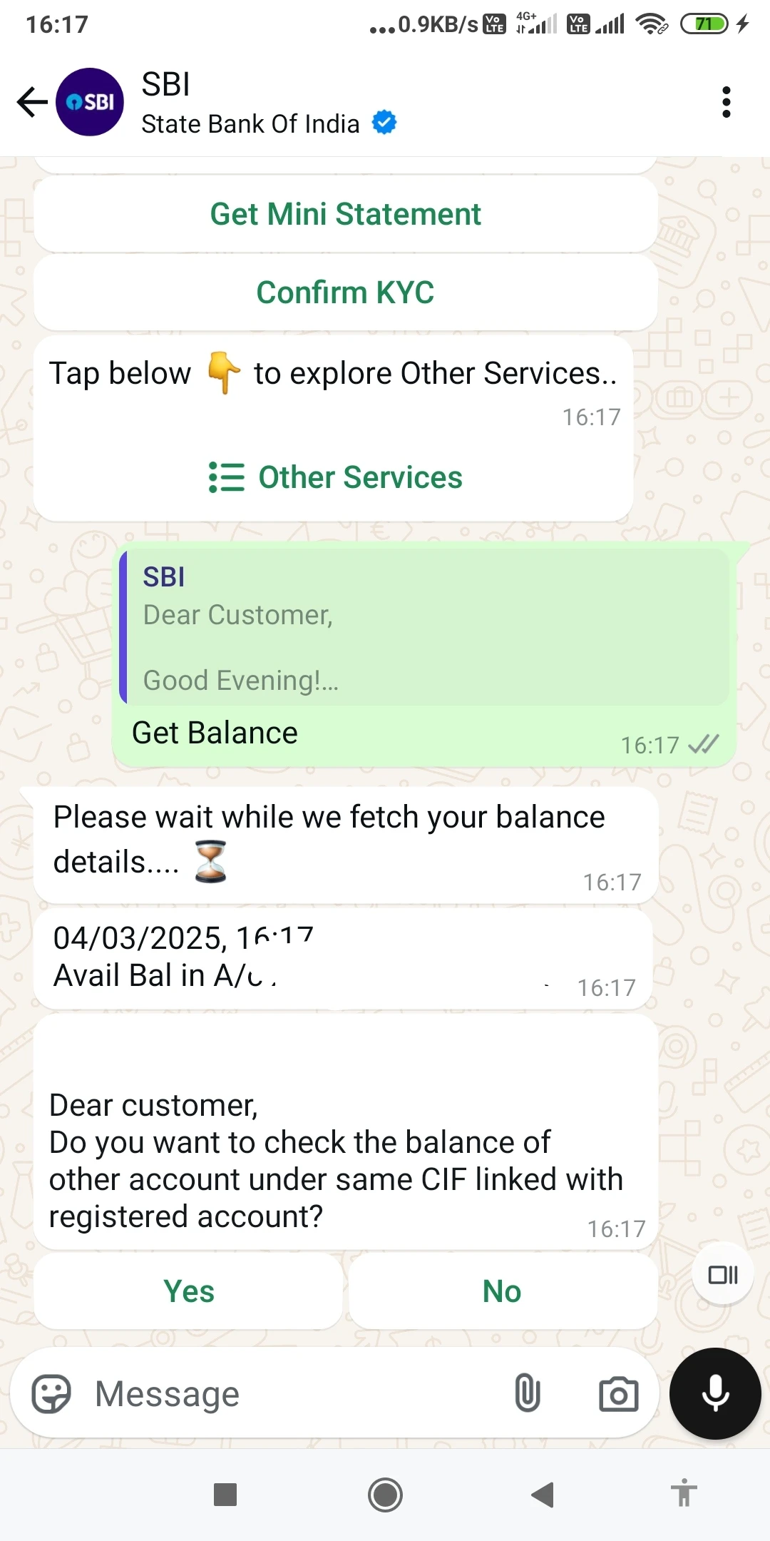 SBI WhatsApp Banking Bank Balance Check Screen Shot