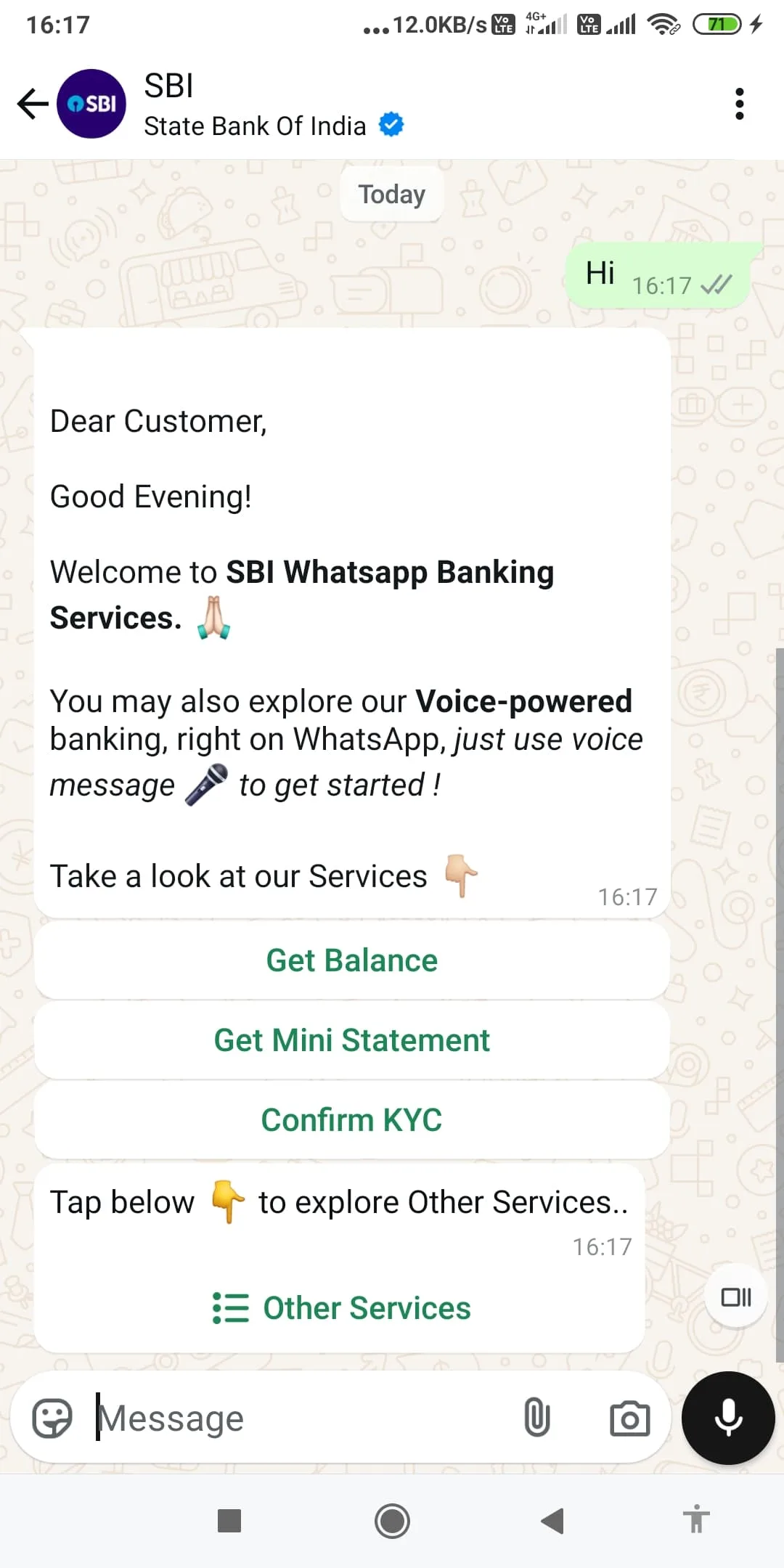 SBI WhatsApp Banking Screen Shot